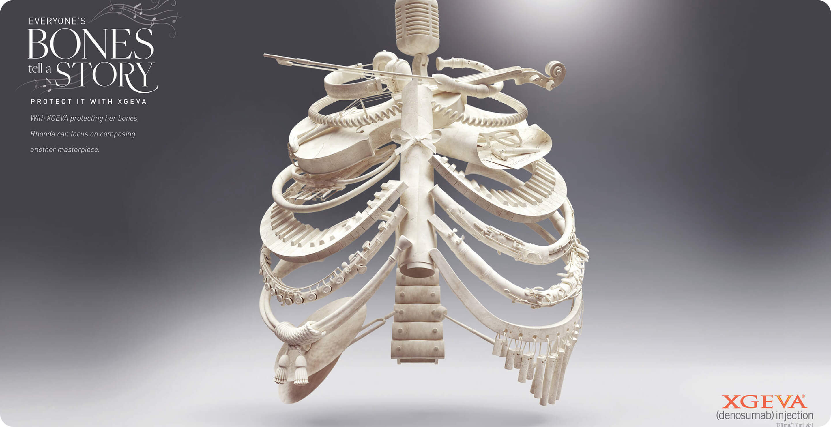 A rendering of a rib cage made up of everyday objects. This visual is meant to show what a cancer patient finds valuable in life