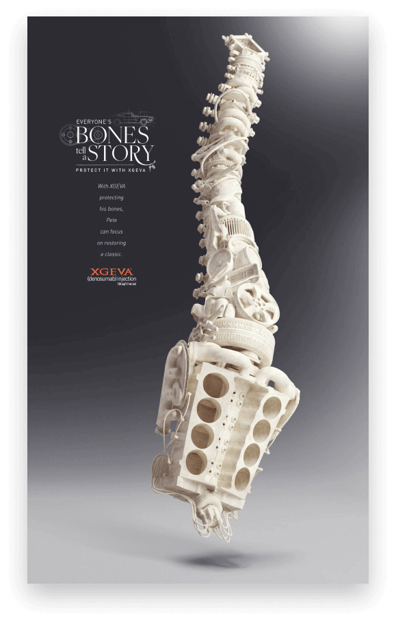 A rendering of a spinal cord made up of everyday objects. This visual is meant to show the value of a patient's bones