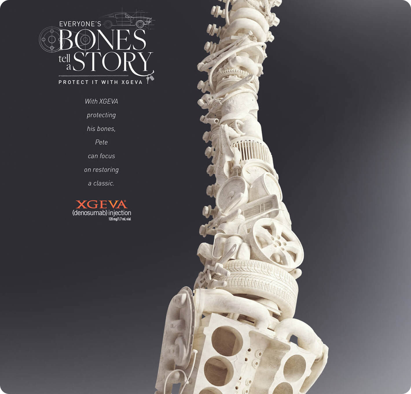 A rendering of a spine made up of everyday objects. This visual is meant to show what a cancer patient finds valuable in life